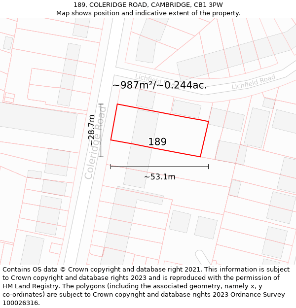 189, COLERIDGE ROAD, CAMBRIDGE, CB1 3PW: Plot and title map