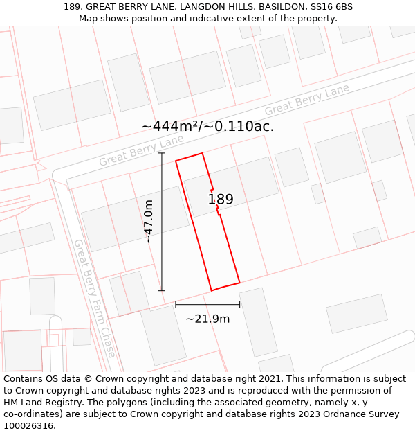 189, GREAT BERRY LANE, LANGDON HILLS, BASILDON, SS16 6BS: Plot and title map