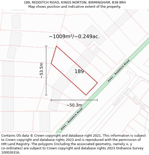 189, REDDITCH ROAD, KINGS NORTON, BIRMINGHAM, B38 8RH: Plot and title map