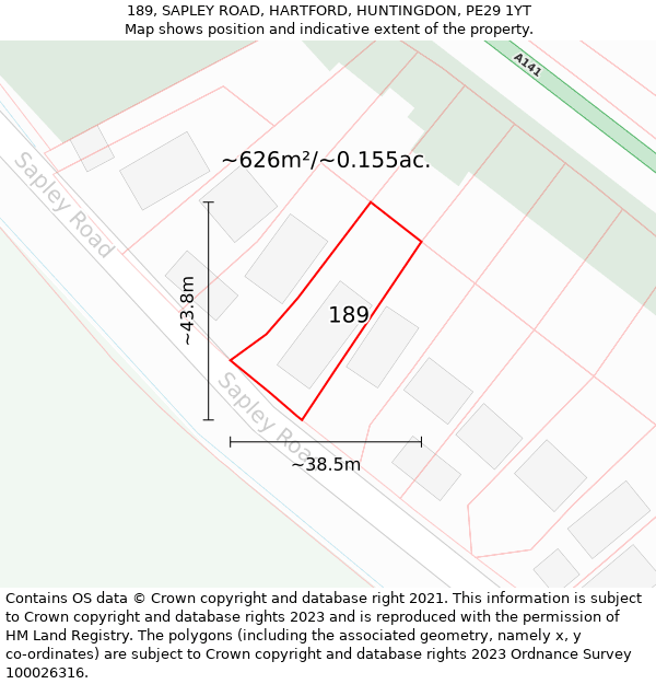 189, SAPLEY ROAD, HARTFORD, HUNTINGDON, PE29 1YT: Plot and title map