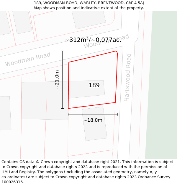 189, WOODMAN ROAD, WARLEY, BRENTWOOD, CM14 5AJ: Plot and title map