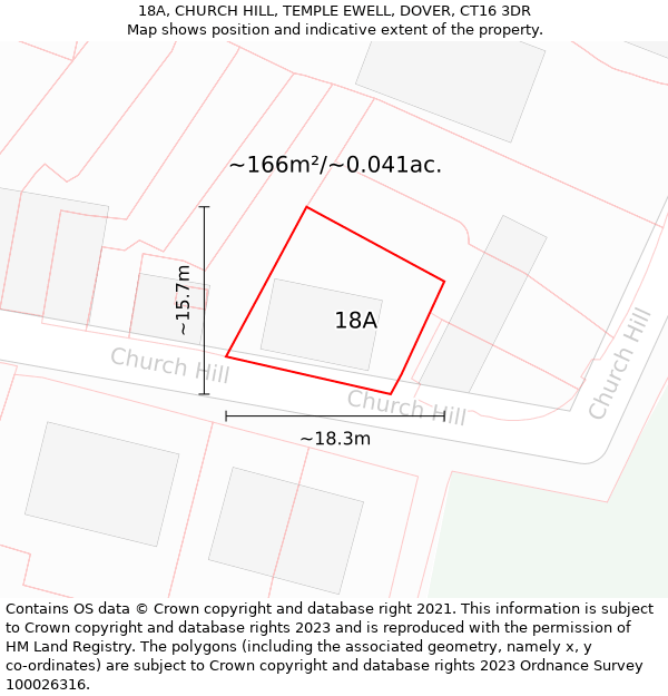 18A, CHURCH HILL, TEMPLE EWELL, DOVER, CT16 3DR: Plot and title map