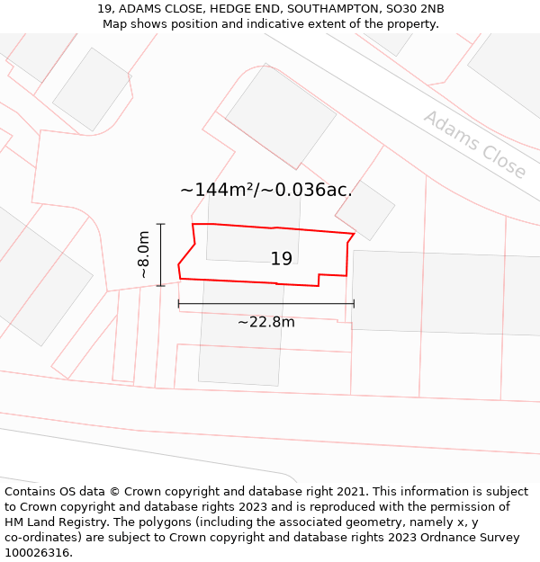 19, ADAMS CLOSE, HEDGE END, SOUTHAMPTON, SO30 2NB: Plot and title map