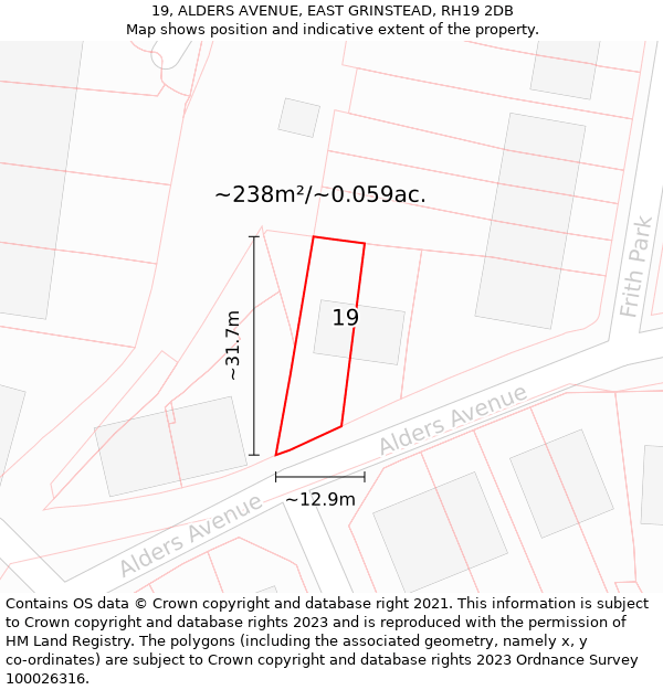 19, ALDERS AVENUE, EAST GRINSTEAD, RH19 2DB: Plot and title map