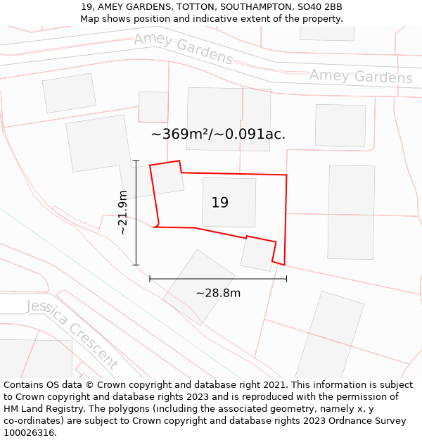 19, AMEY GARDENS, TOTTON, SOUTHAMPTON, SO40 2BB: Plot and title map