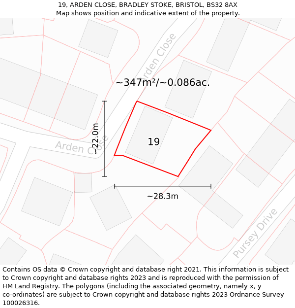 19, ARDEN CLOSE, BRADLEY STOKE, BRISTOL, BS32 8AX: Plot and title map