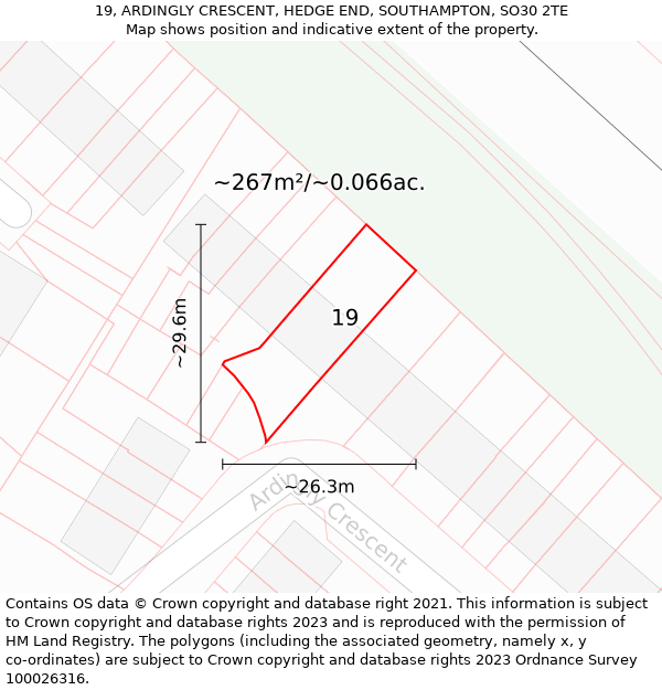 19, ARDINGLY CRESCENT, HEDGE END, SOUTHAMPTON, SO30 2TE: Plot and title map