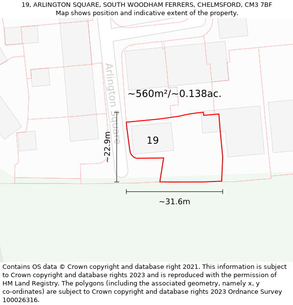 19, ARLINGTON SQUARE, SOUTH WOODHAM FERRERS, CHELMSFORD, CM3 7BF: Plot and title map