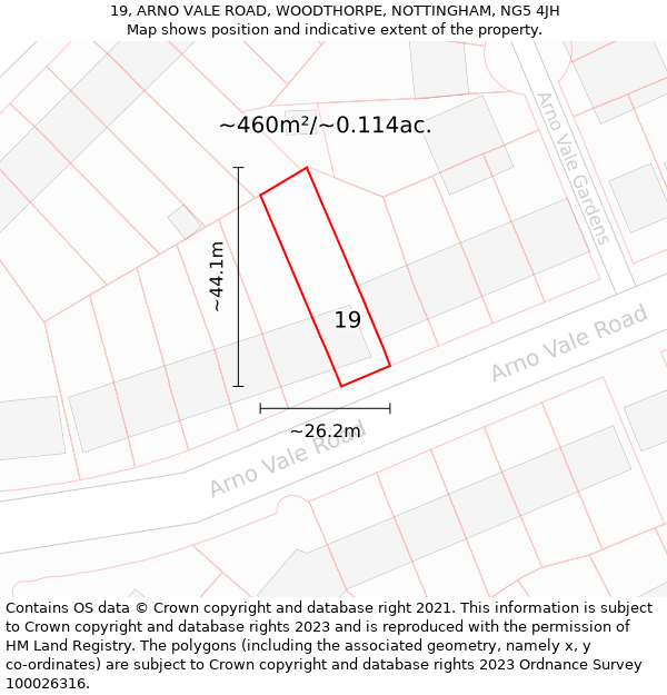 19, ARNO VALE ROAD, WOODTHORPE, NOTTINGHAM, NG5 4JH: Plot and title map