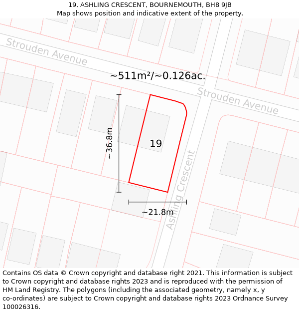 19, ASHLING CRESCENT, BOURNEMOUTH, BH8 9JB: Plot and title map