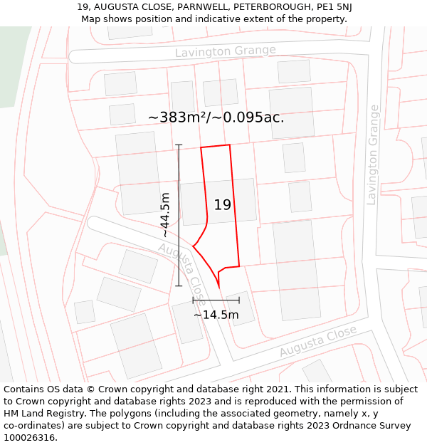 19, AUGUSTA CLOSE, PARNWELL, PETERBOROUGH, PE1 5NJ: Plot and title map