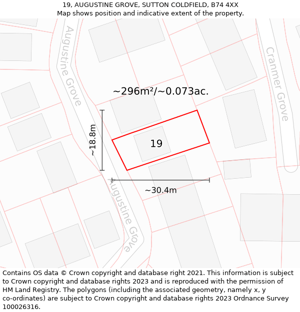 19, AUGUSTINE GROVE, SUTTON COLDFIELD, B74 4XX: Plot and title map