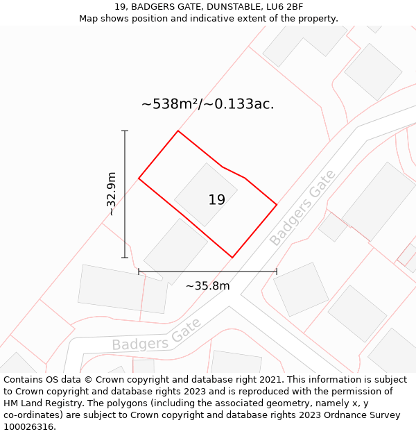 19, BADGERS GATE, DUNSTABLE, LU6 2BF: Plot and title map