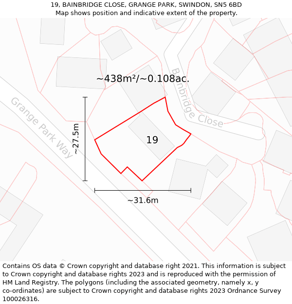 19, BAINBRIDGE CLOSE, GRANGE PARK, SWINDON, SN5 6BD: Plot and title map