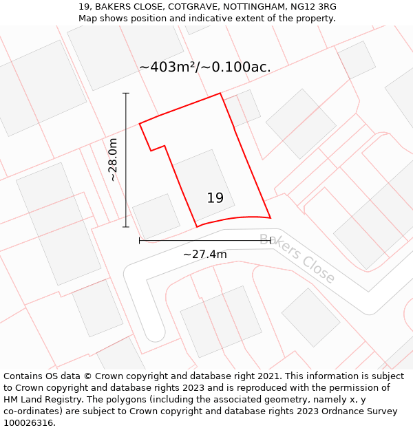 19, BAKERS CLOSE, COTGRAVE, NOTTINGHAM, NG12 3RG: Plot and title map