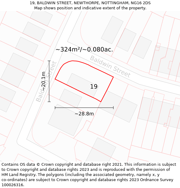 19, BALDWIN STREET, NEWTHORPE, NOTTINGHAM, NG16 2DS: Plot and title map