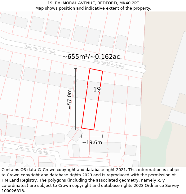 19, BALMORAL AVENUE, BEDFORD, MK40 2PT: Plot and title map