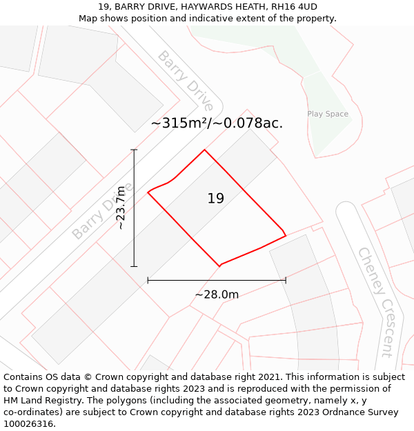 19, BARRY DRIVE, HAYWARDS HEATH, RH16 4UD: Plot and title map