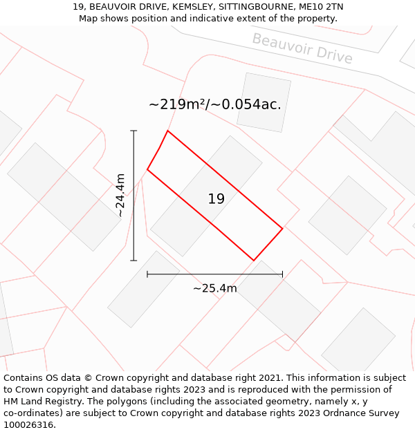 19, BEAUVOIR DRIVE, KEMSLEY, SITTINGBOURNE, ME10 2TN: Plot and title map