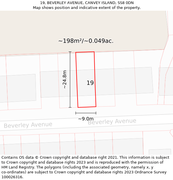 19, BEVERLEY AVENUE, CANVEY ISLAND, SS8 0DN: Plot and title map