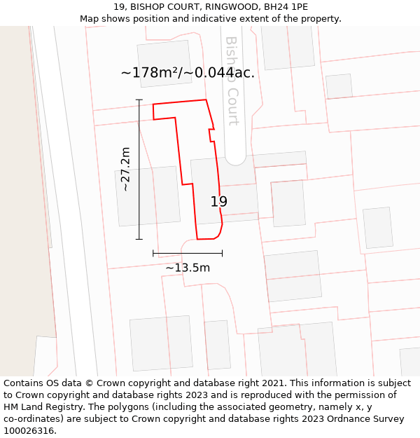 19, BISHOP COURT, RINGWOOD, BH24 1PE: Plot and title map
