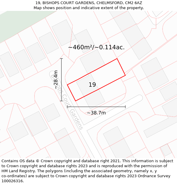 19, BISHOPS COURT GARDENS, CHELMSFORD, CM2 6AZ: Plot and title map