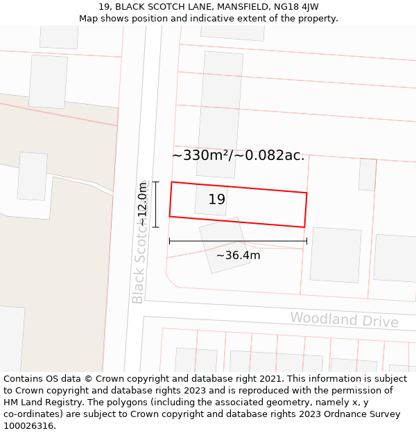 19, BLACK SCOTCH LANE, MANSFIELD, NG18 4JW: Plot and title map