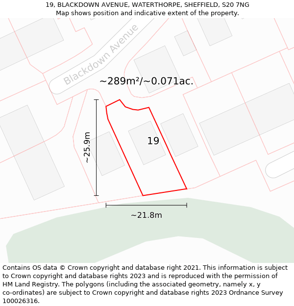 19, BLACKDOWN AVENUE, WATERTHORPE, SHEFFIELD, S20 7NG: Plot and title map