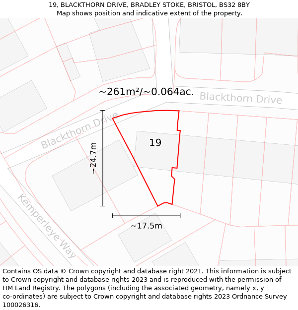 19, BLACKTHORN DRIVE, BRADLEY STOKE, BRISTOL, BS32 8BY: Plot and title map