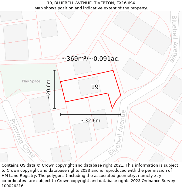 19, BLUEBELL AVENUE, TIVERTON, EX16 6SX: Plot and title map