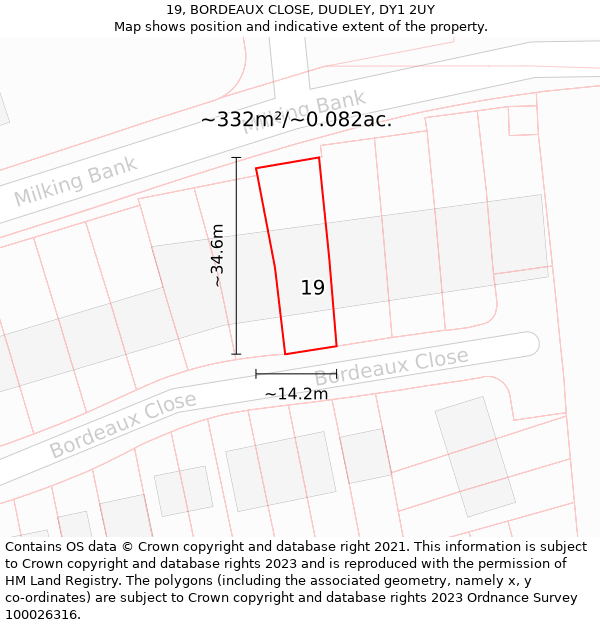 19, BORDEAUX CLOSE, DUDLEY, DY1 2UY: Plot and title map