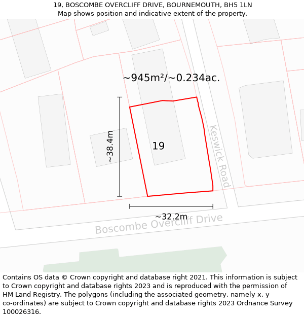 19, BOSCOMBE OVERCLIFF DRIVE, BOURNEMOUTH, BH5 1LN: Plot and title map