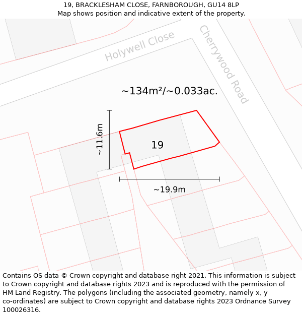 19, BRACKLESHAM CLOSE, FARNBOROUGH, GU14 8LP: Plot and title map