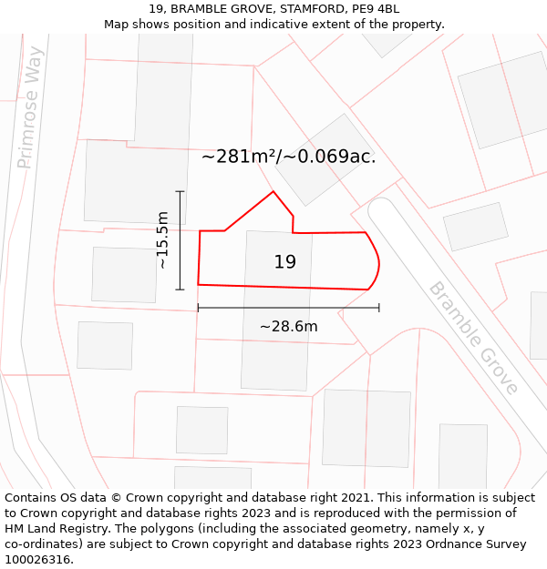 19, BRAMBLE GROVE, STAMFORD, PE9 4BL: Plot and title map