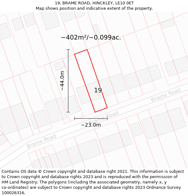 19, BRAME ROAD, HINCKLEY, LE10 0ET: Plot and title map