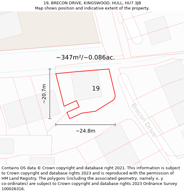 19, BRECON DRIVE, KINGSWOOD, HULL, HU7 3JB: Plot and title map