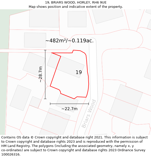 19, BRIARS WOOD, HORLEY, RH6 9UE: Plot and title map