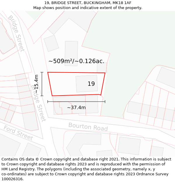 19, BRIDGE STREET, BUCKINGHAM, MK18 1AF: Plot and title map