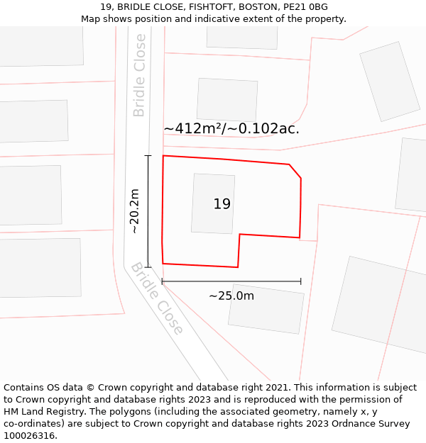 19, BRIDLE CLOSE, FISHTOFT, BOSTON, PE21 0BG: Plot and title map