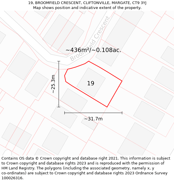 19, BROOMFIELD CRESCENT, CLIFTONVILLE, MARGATE, CT9 3YJ: Plot and title map