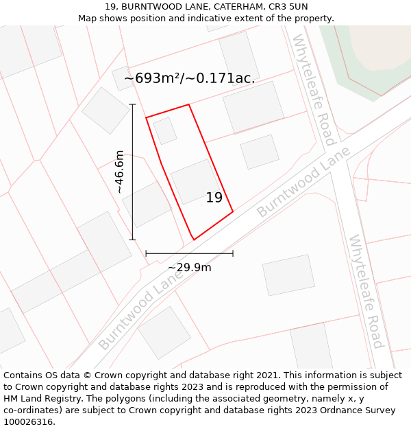 19, BURNTWOOD LANE, CATERHAM, CR3 5UN: Plot and title map