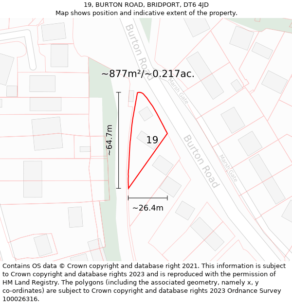 19, BURTON ROAD, BRIDPORT, DT6 4JD: Plot and title map