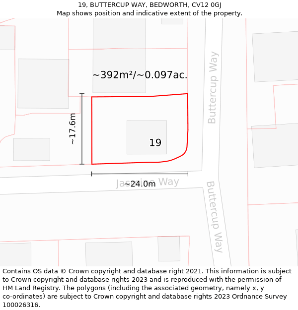 19, BUTTERCUP WAY, BEDWORTH, CV12 0GJ: Plot and title map