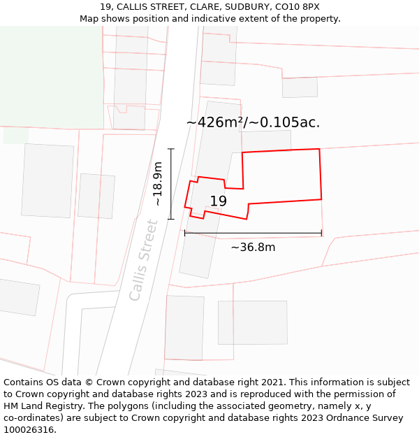 19, CALLIS STREET, CLARE, SUDBURY, CO10 8PX: Plot and title map