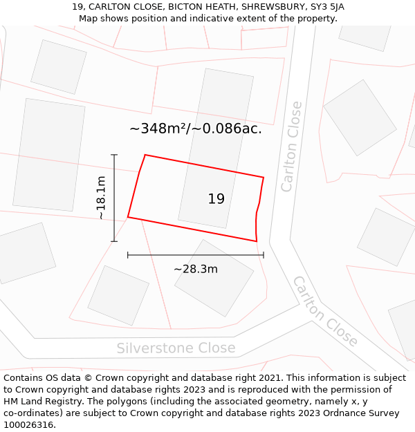 19, CARLTON CLOSE, BICTON HEATH, SHREWSBURY, SY3 5JA: Plot and title map