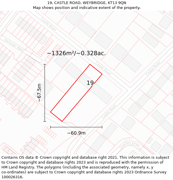 19, CASTLE ROAD, WEYBRIDGE, KT13 9QN: Plot and title map