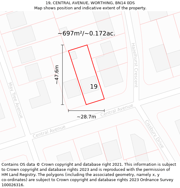 19, CENTRAL AVENUE, WORTHING, BN14 0DS: Plot and title map