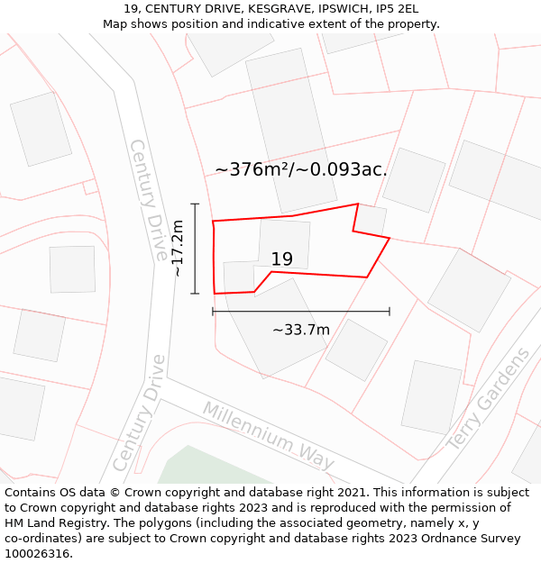 19, CENTURY DRIVE, KESGRAVE, IPSWICH, IP5 2EL: Plot and title map