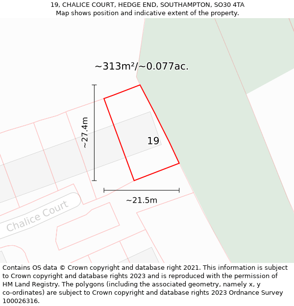 19, CHALICE COURT, HEDGE END, SOUTHAMPTON, SO30 4TA: Plot and title map