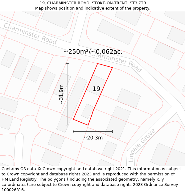19, CHARMINSTER ROAD, STOKE-ON-TRENT, ST3 7TB: Plot and title map